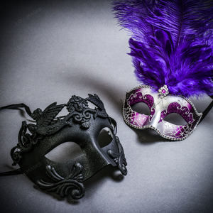 Black Roman Warrior Metallic & Silver Mardi Gras Top Purple Feather Couple Mask